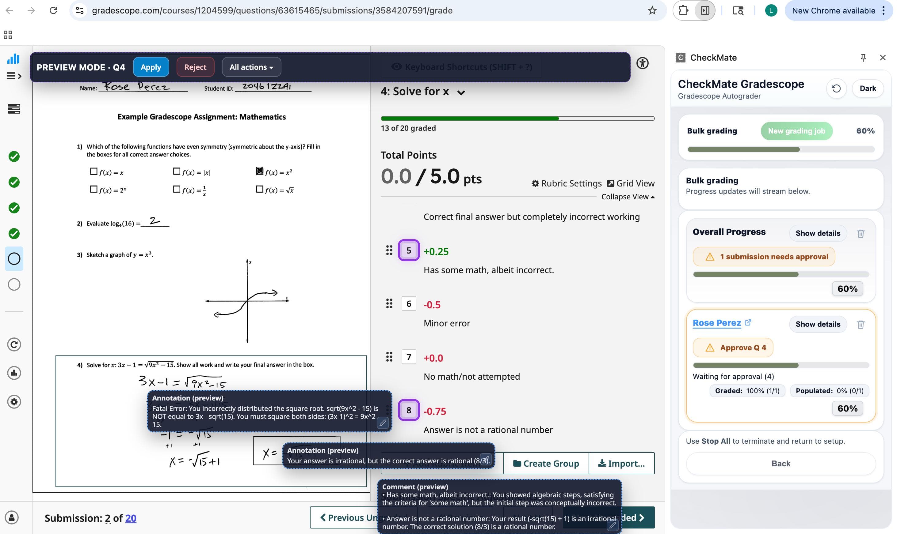 CheckMate extension panel open inside Gradescope showing AI-drafted scores for a student submission