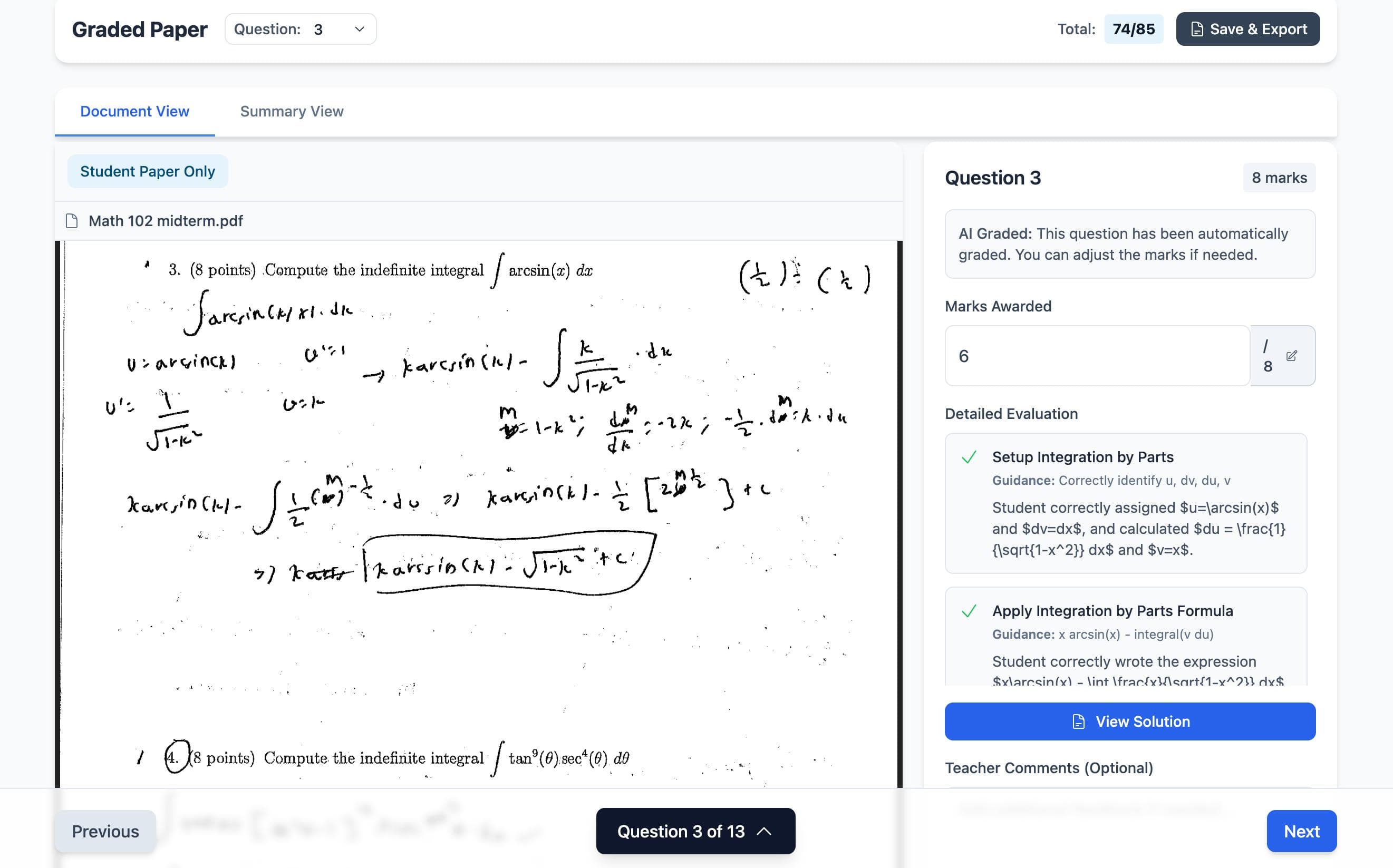 CheckMate dashboard showing assignment scores, rubric criteria, and grading progress